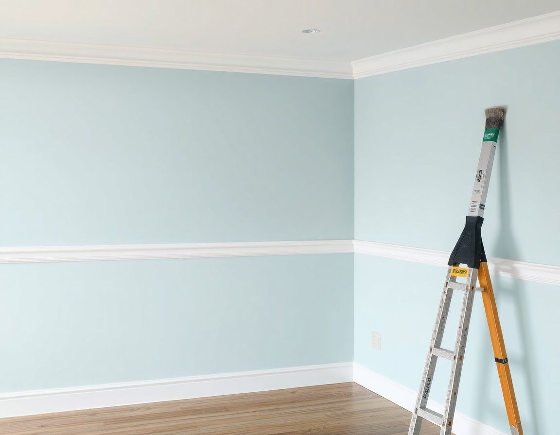 Room with light blue walls, white trim, and a ladder with a roller leaning against the wall